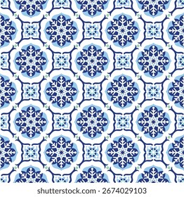 Patrón sin fisuras de Navidades Medallón Copos de nieve. Fondo azul y blanco - Navidades Medallón Ilustración vectorial