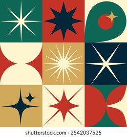 Seamless pattern with Christmas mid century modern style stars and sparkles. Hand drawn geometrical vector illustration