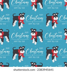 Seamless pattern with Christmas Miniature Schnauzer in hand drawn style. Greeting text Merry Christmas and Happy New Year. Background for wrapping paper, greeting cards and seasonal designs. 