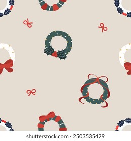 seamless pattern Christmas minimal doodle style wreath. green and white wreath with red bow ribbon and American holly on a beige background. Christmas Vector Illustration