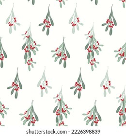 Patrón sin foco de ramas de mistletoe de Navidad, hojas y bayas rojas. Ilustración navideña sobre el fondo aislado para la decoración navideña y celebración de invierno, Navidad o Año Nuevo.