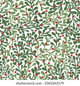 Seamless Pattern of Christmas Mistletoe and Red Berries, christmas Traditional Pattern, christmas wrapping paper- Christmas Vector Illustration