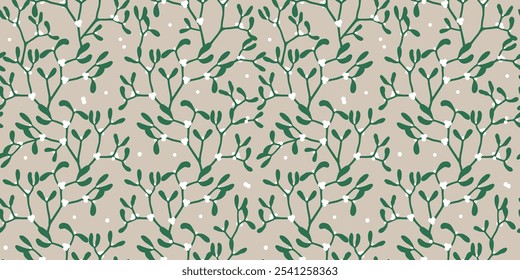 Seamless Pattern of Christmas Mistletoe with White berries and Natural Background, Good for Fabric and Paper Print-Christmas Vector Illustration