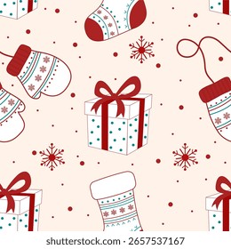 Patrón sin fisuras de Navidades mitones, regalos y copos de nieve en tonos rojos y beige. Perfecto para el papel de embalaje de vacaciones y la tela de temporada.