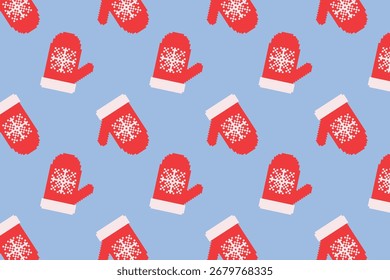 Modelo inconsútil con los mitones de las Navidades en estilo del arte del pixel en un fondo azul. Ilustración vectorial.