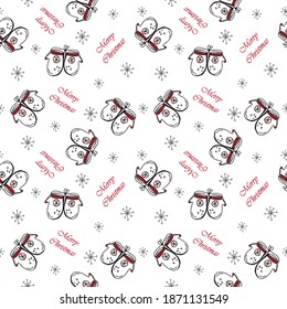 Patrón sin inconvenientes con mitones de Navidad, copos de nieve y Feliz Navidad. Ilustración vectorial. Diseño perfecto para textil, impresión, papel envolvente, tarjetas de felicitación, invitación de invierno, decoración.