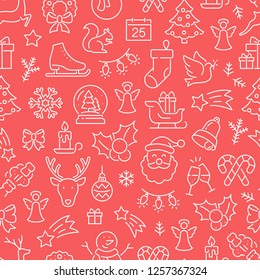 Seamless pattern with Christmas. Monochrome thin line icons