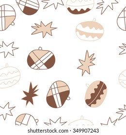 Seamless pattern  of Christmas motif, doodles, hole, spots,balls, stars. Hand drawn.