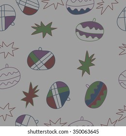 Seamless pattern  of Christmas motif, doodles, hole, spots,balls, stars. Hand drawn.