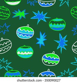 Seamless pattern  of Christmas motif, doodles, hole, spots,balls, stars. Hand drawn.