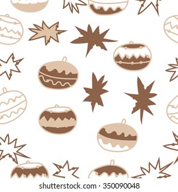 Seamless pattern  of Christmas motif, doodles, hole, spots,balls, stars. Hand drawn.