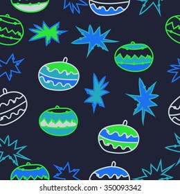 Seamless pattern  of Christmas motif, doodles, hole, spots,balls, stars. Hand drawn.