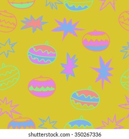 Seamless pattern  of Christmas motif, doodles, hole, spots,balls, stars. Hand drawn.