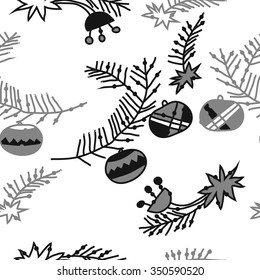 Seamless pattern  of Christmas motif, doodles, hole, spots,balls, stars, branches. Hand drawn.
