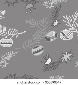 Seamless pattern  of Christmas motif, doodles, hole, spots,balls, stars, branches. Hand drawn.