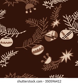 Seamless pattern  of Christmas motif, doodles, hole, spots,balls, stars, branches. Hand drawn.