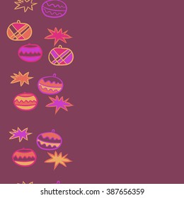Seamless pattern  of Christmas motif, doodles, hole, spots,balls, stars, vertical. Hand drawn.