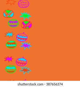Seamless pattern  of Christmas motif, doodles, hole, spots,balls, stars, vertical. Hand drawn.
