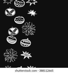 Seamless pattern  of Christmas motif, doodles, hole, spots,balls, stars,snowflakes, vertical, copy space. Hand drawn.