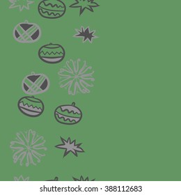 Seamless pattern  of Christmas motif, doodles, hole, spots,balls, stars,snowflakes, vertical, copy space. Hand drawn.