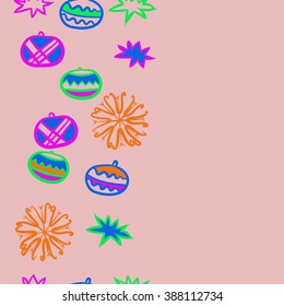 Seamless pattern  of Christmas motif, doodles, hole, spots,balls, stars,snowflakes, vertical, copy space. Hand drawn.