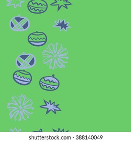 Seamless pattern  of Christmas motif, doodles, hole, spots,balls, stars,snowflakes, vertical, copy space. Hand drawn.