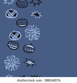 Seamless pattern  of Christmas motif, doodles, hole, spots,balls, stars,snowflakes, vertical, copy space. Hand drawn.