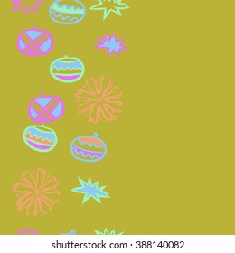 Seamless pattern  of Christmas motif, doodles, hole, spots,balls, stars,snowflakes, vertical, copy space. Hand drawn.