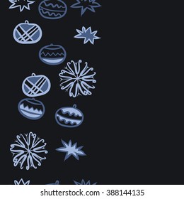 Seamless pattern  of Christmas motif, doodles, hole, spots,balls, stars,snowflakes, vertical, copy space. Hand drawn.