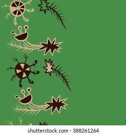 Seamless pattern  of Christmas motif, doodles, hole, spots,spruce,branches, stars,snowflakes, vertical, copy space. Hand drawn.