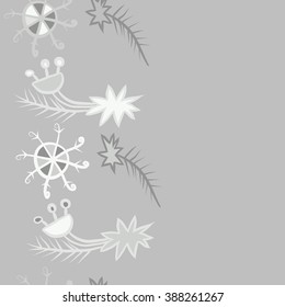 Seamless pattern  of Christmas motif, doodles, hole, spots,spruce,branches, stars,snowflakes, vertical, copy space. Hand drawn.