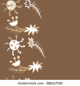 Seamless pattern  of Christmas motif, doodles, hole, spots,spruce,branches, stars,snowflakes, vertical, copy space. Hand drawn.