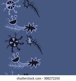 Seamless pattern  of Christmas motif, doodles, hole, spots,spruce,branches, stars,snowflakes, vertical, copy space. Hand drawn.