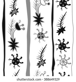 Seamless pattern  of Christmas motif, doodles, hole, spots,spruce,branches, stars,snowflakes, stripes, vertical, copy space. Hand drawn.