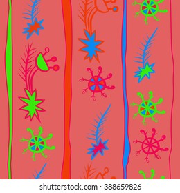 Seamless pattern  of Christmas motif, doodles, hole, spots,spruce,branches, stars,snowflakes, stripes, vertical, copy space. Hand drawn.