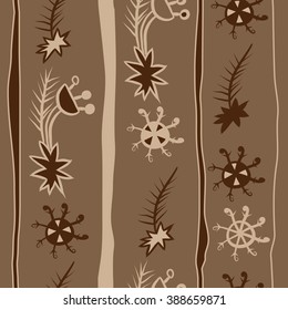 Seamless pattern  of Christmas motif, doodles, hole, spots,spruce,branches, stars,snowflakes, stripes, vertical, copy space. Hand drawn.