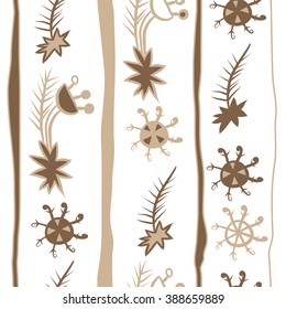 Seamless pattern  of Christmas motif, doodles, hole, spots,spruce,branches, stars,snowflakes, stripes, vertical, copy space. Hand drawn.