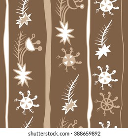 Seamless pattern  of Christmas motif, doodles, hole, spots,spruce,branches, stars,snowflakes, stripes, vertical, copy space. Hand drawn.