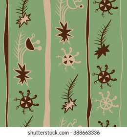 Seamless pattern  of Christmas motif, doodles, hole, spots,spruce,branches, stars,snowflakes, stripes, vertical, copy space. Hand drawn.