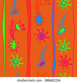Seamless pattern  of Christmas motif, doodles, hole, spots,spruce,branches, stars,snowflakes, stripes, vertical, copy space. Hand drawn.