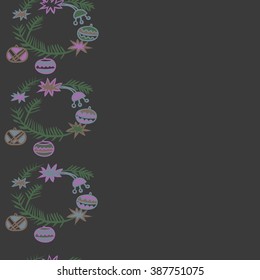 Seamless pattern  of Christmas motif,wreath,spruce,floral, doodles, hole, spots,balls, stars, vertical. Hand drawn.
