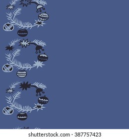 Seamless pattern  of Christmas motif,wreath,spruce,floral, doodles, hole, spots,balls, stars, vertical. Hand drawn.