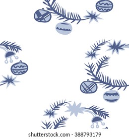 Seamless pattern  of Christmas motif,wreath,spruce,floral, doodles, hole, spots,balls, stars, copy space. Hand drawn.