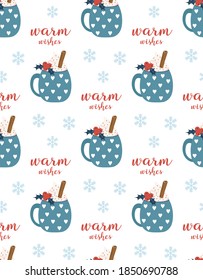 seamless pattern of christmas mug with marshmallow, cinnamon and holly berries, vector illustration, elements for greeting card, poster and seasonal design