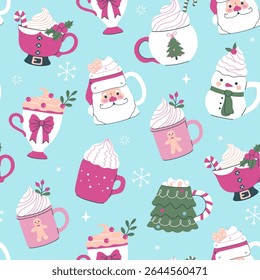 Seamless pattern with Christmas mugs with drinks.Vector graphics