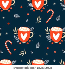 Seamless pattern with Christmas mugs. Hand Drawn texture for winter holidays. Can be used for textile, postcard, wrapping paper, poster. Vector illustration