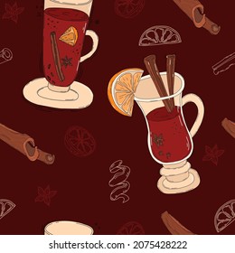 Seamless pattern with Christmas mulled wine. cocktail glass with slice of citrus, red hot wine, cinnamon sticks, spices, cardamom on dark burgundy background. Vector illustration