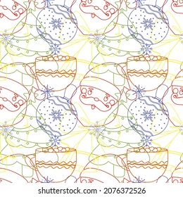 Seamless pattern with Christmas multicolored elements in a linear style on a white background: Santa Claus, Christmas tree, decoration, hot chocolate mug, snowflakes, bell with bow.