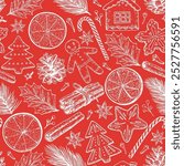 Seamless pattern with Christmas and New year elements, cookies, candies, pine branches and spices. Hand-drawn illustration in vintage old style.