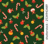 Seamless pattern with Christmas and New Year decorations. Candy cane, Christmas toys, holly on background. Holiday vector texture for wallpaper, prints, wrapping, textile.